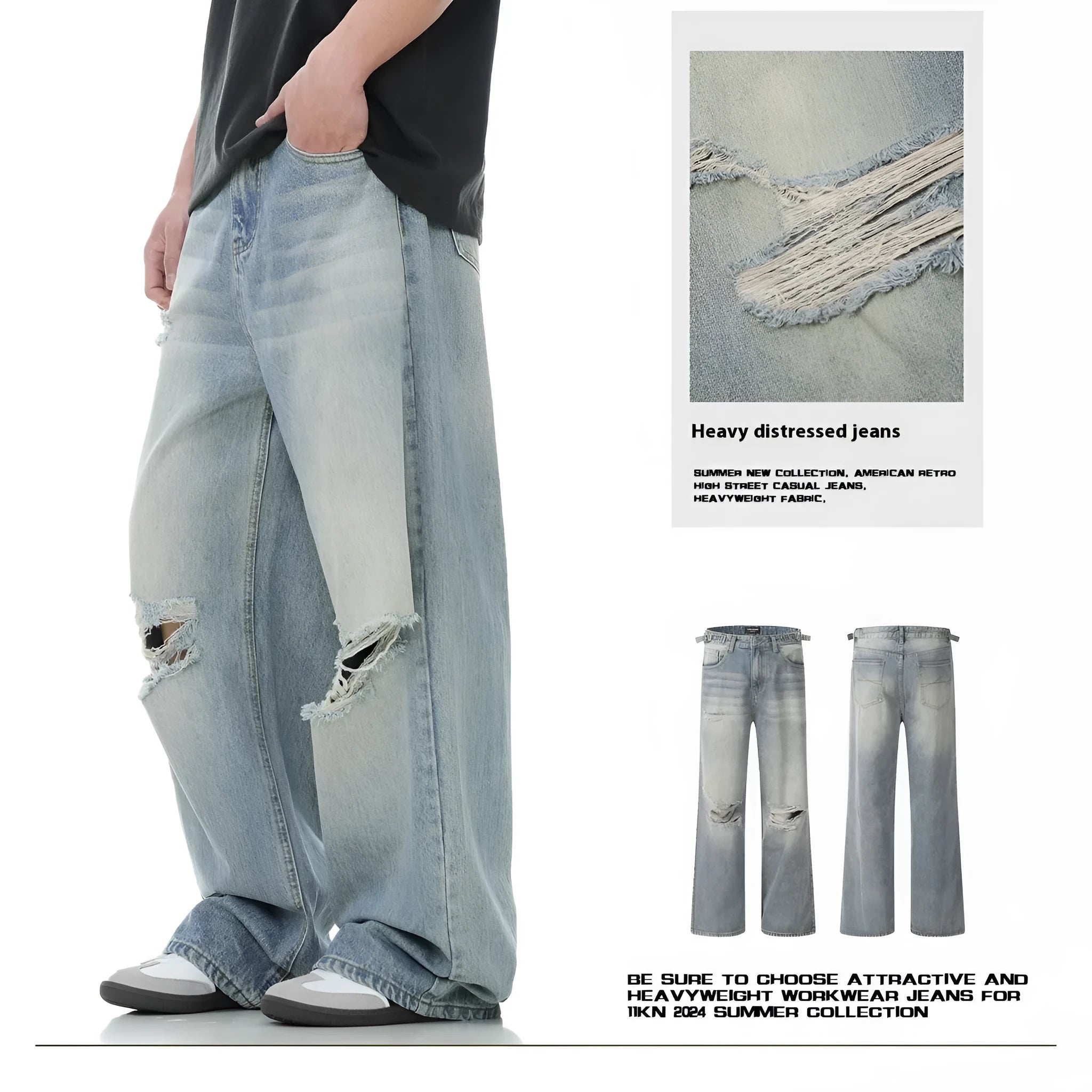 Man wearing blue ripped straight-leg jeans in a retro style with a zip fly.