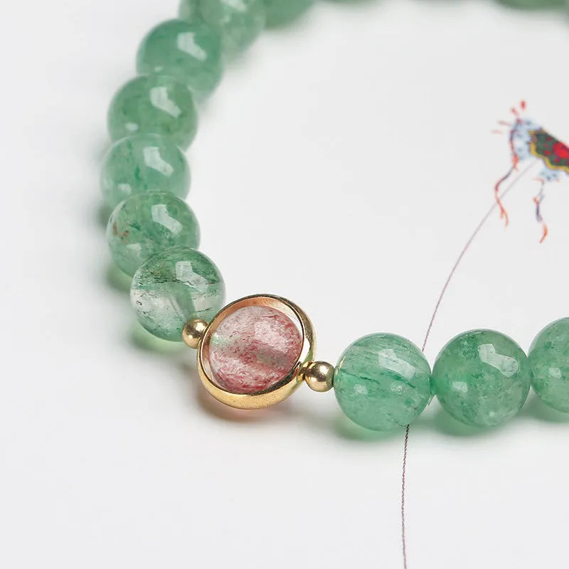 Green strawberry quartz single circle ball bracelet with 7.5mm beads and geometric Chinese style design