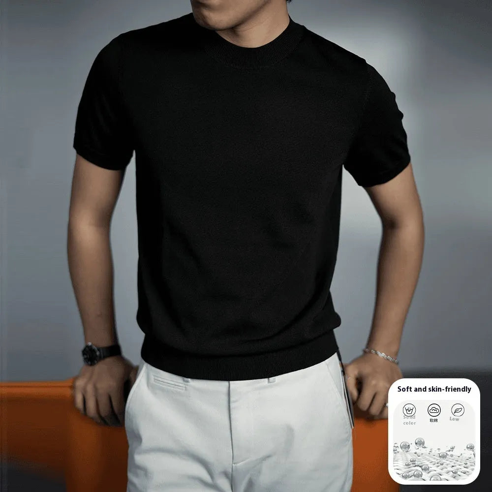 Men's silver grey knitted round neck t-shirt with short sleeves on a hanger.