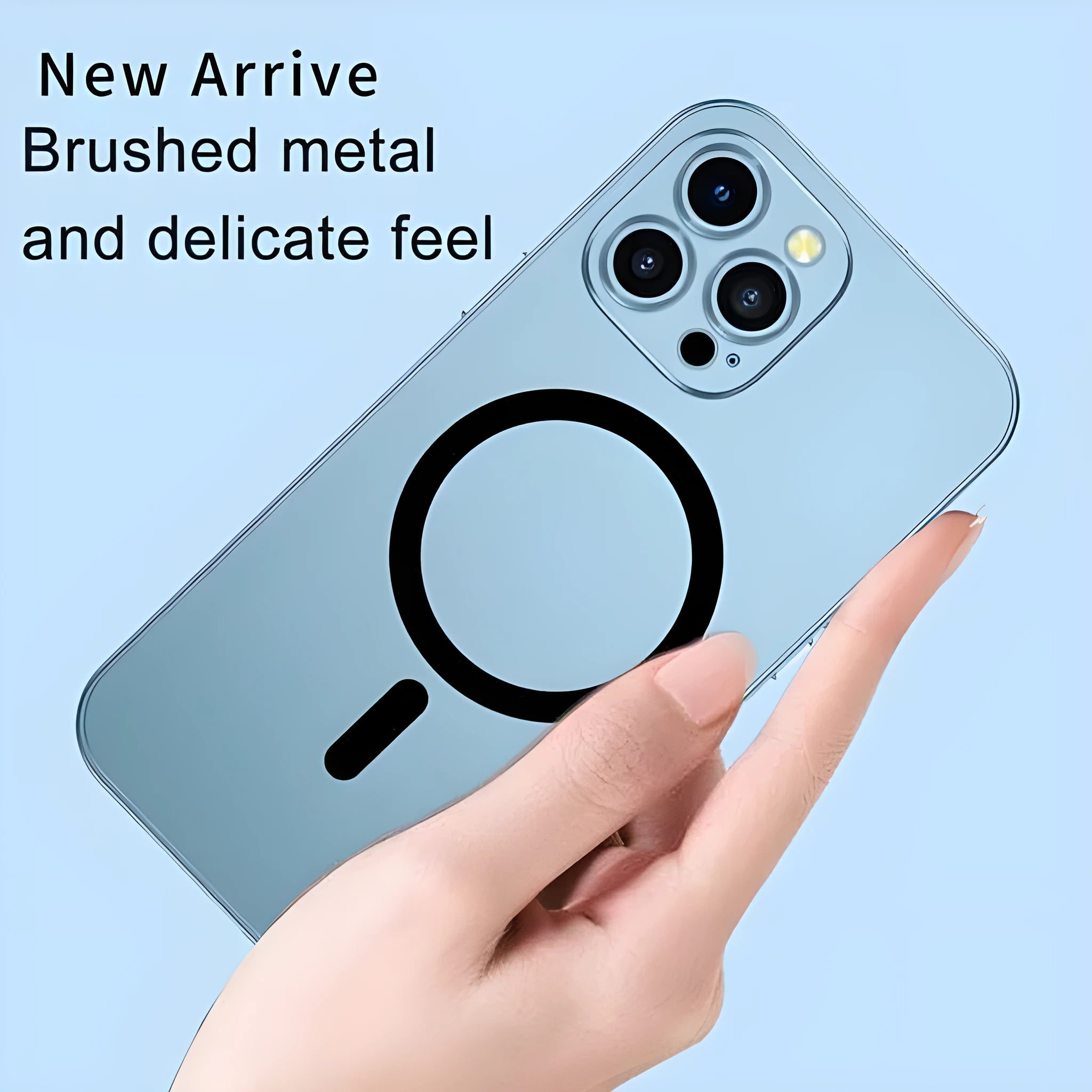 Magnetic iPhone case with aluminium alloy frame in dark purple, blue, silver, black, or gold colour.