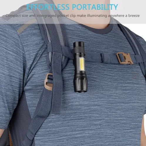 Black aluminium alloy telescopic LED flashlight with adjustable focus and carrying clip