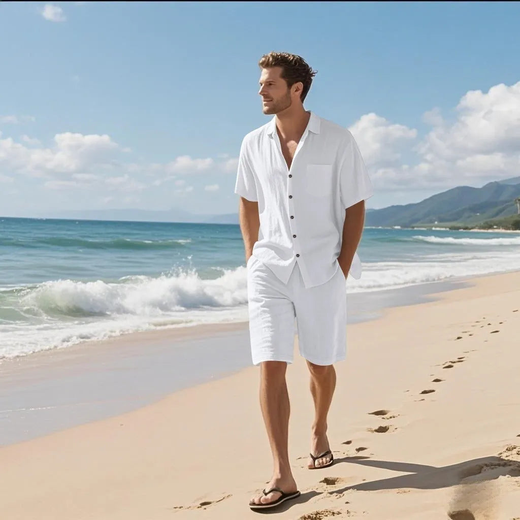 Linen blend short sleeve shirt and shorts casual beach suit set shown in khaki colour.