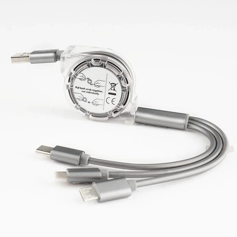 One For Three telescopic data cable 120cm with Apple Android Type-C connectors in multiple colours