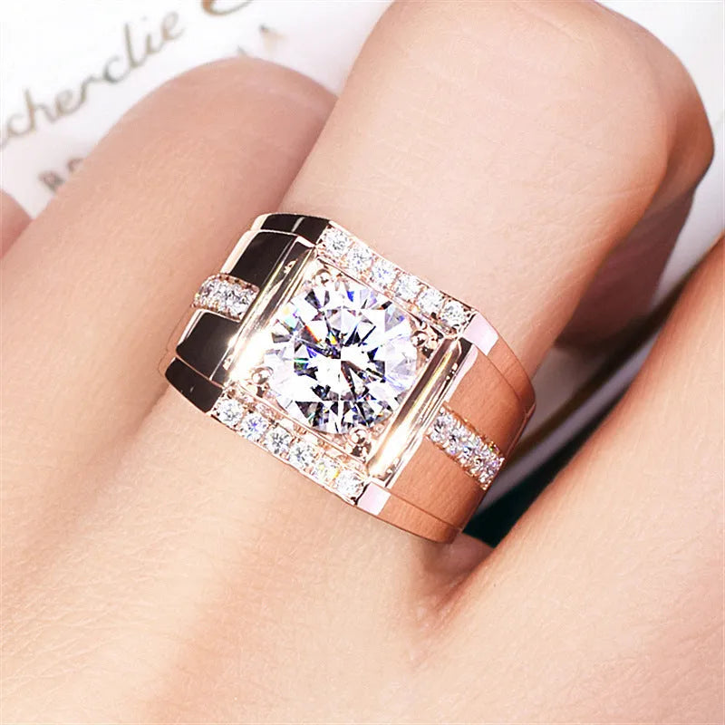 Men's adjustable imitation moissanite ring with diamond zircon stones in geometric design