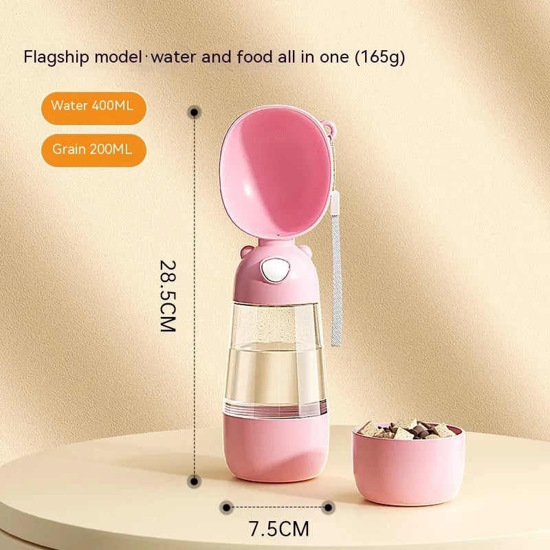 Portable dog water bottle and food container in yellow, pink, and brown for outdoor travel