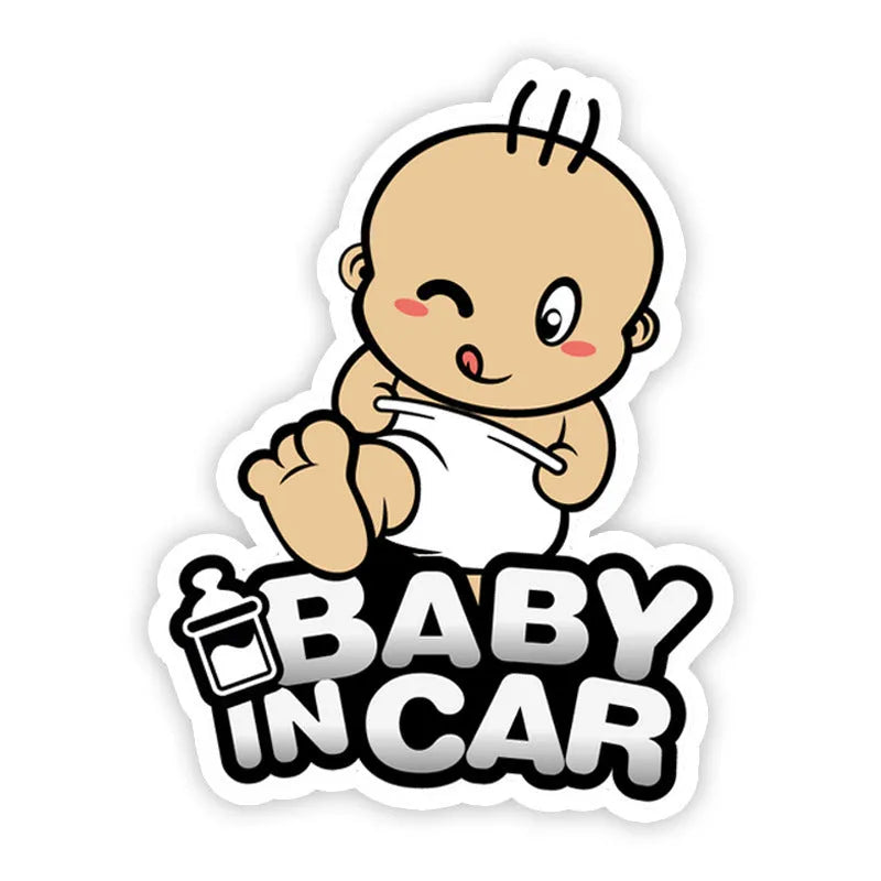 Baby on board reflective car bumper sticker on white background, showing example of baby-themed design.