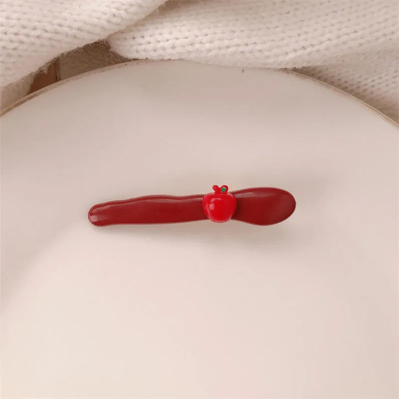 Red stereo love heart-shaped hairpin with French retro dots and willow leaf design