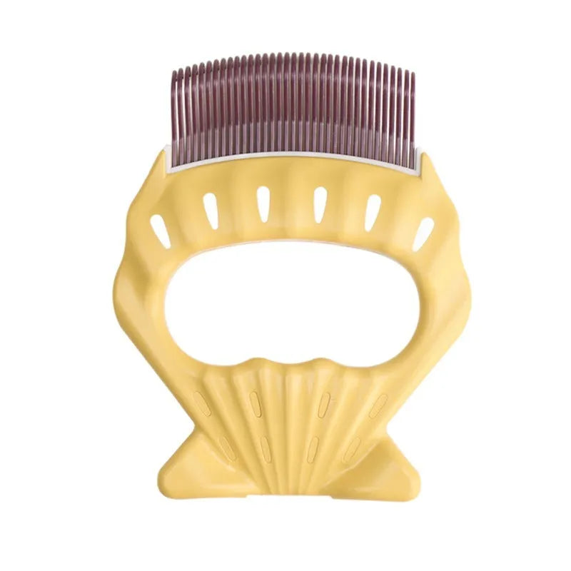 Green shell-shaped pet grooming comb with bent wire bristles and an anti-slip plastic handle.