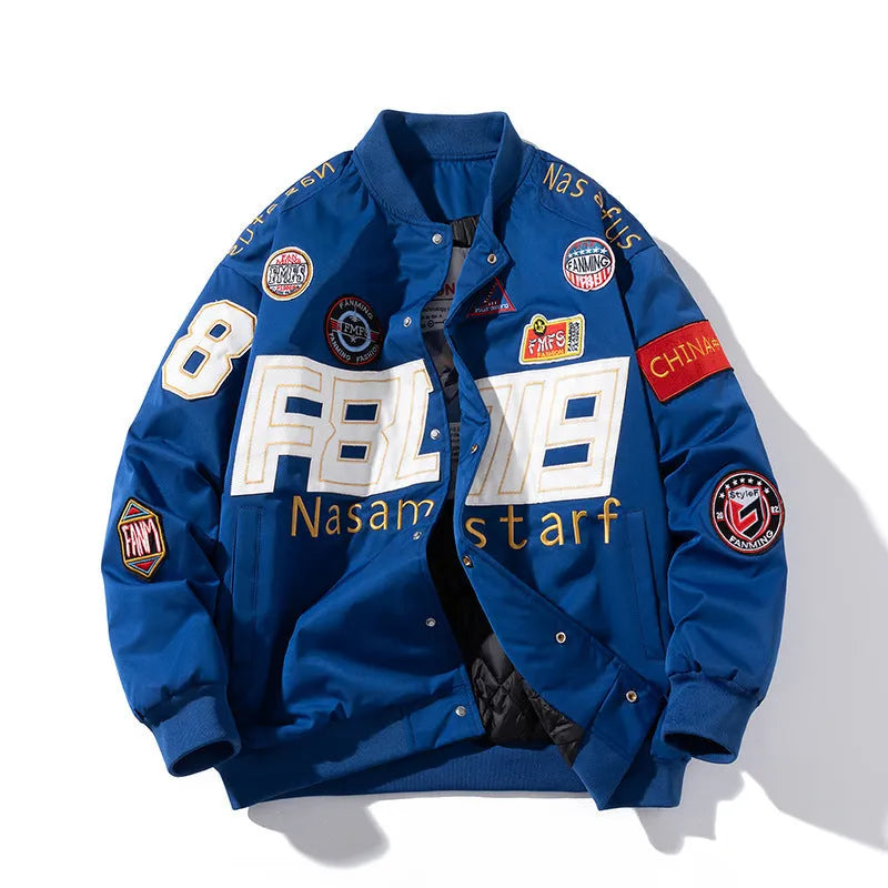 Black American Motorcycle Baseball Uniform jacket with removable hood, shown on a model.