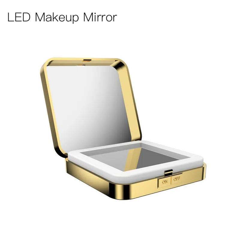 Black and white makeup mirror with magnification, HD mirror, and adjustable warm and cool LED lights.
