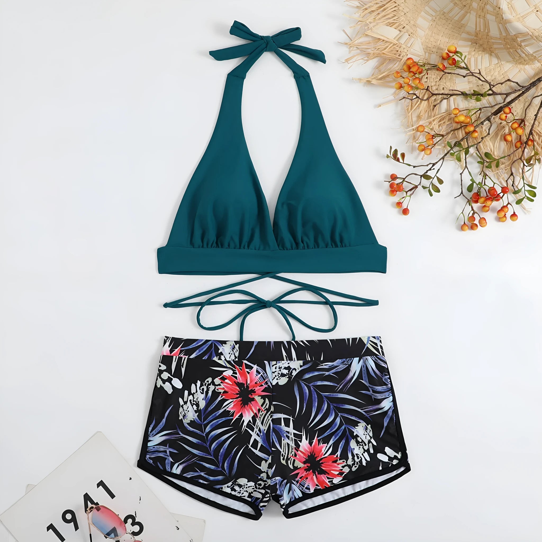 Lady Sexy High Waist Split Bikini in peacock green, front view on model