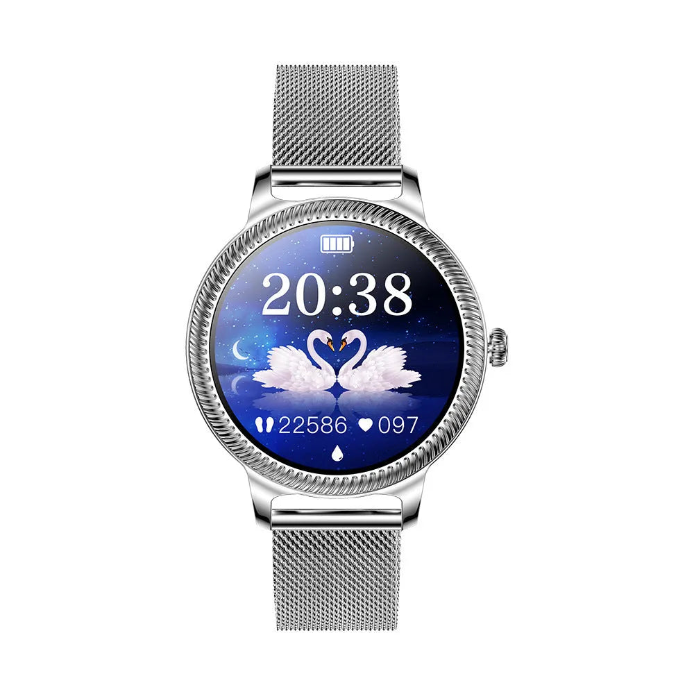 AK38 ladies smartwatch with stainless steel band and 1.09 inch colour screen.