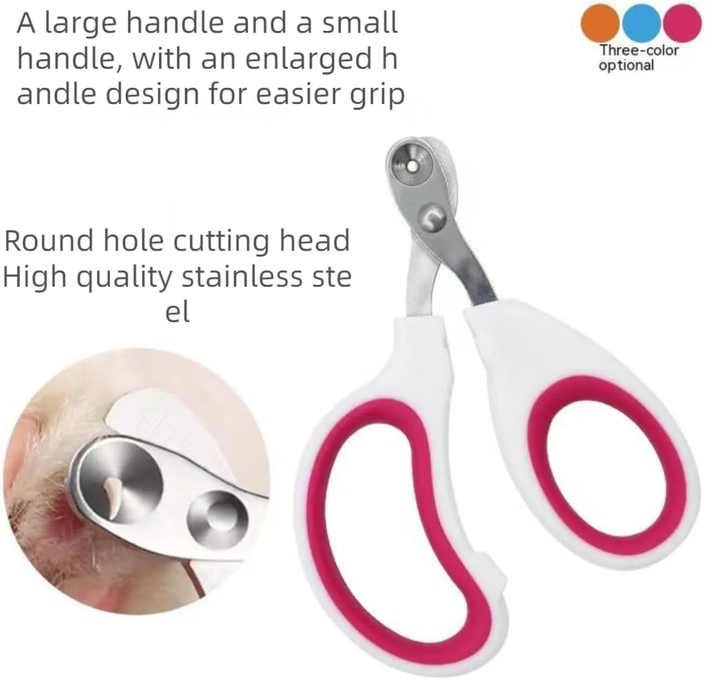 Blue pet nail clippers with circular cut hole and non-slip handles on a white background.