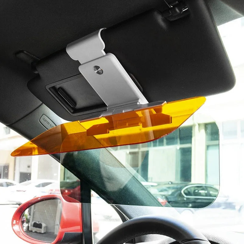 Car sun visor with anti-high beam goggles showing telescopic installation and adjustment buttons