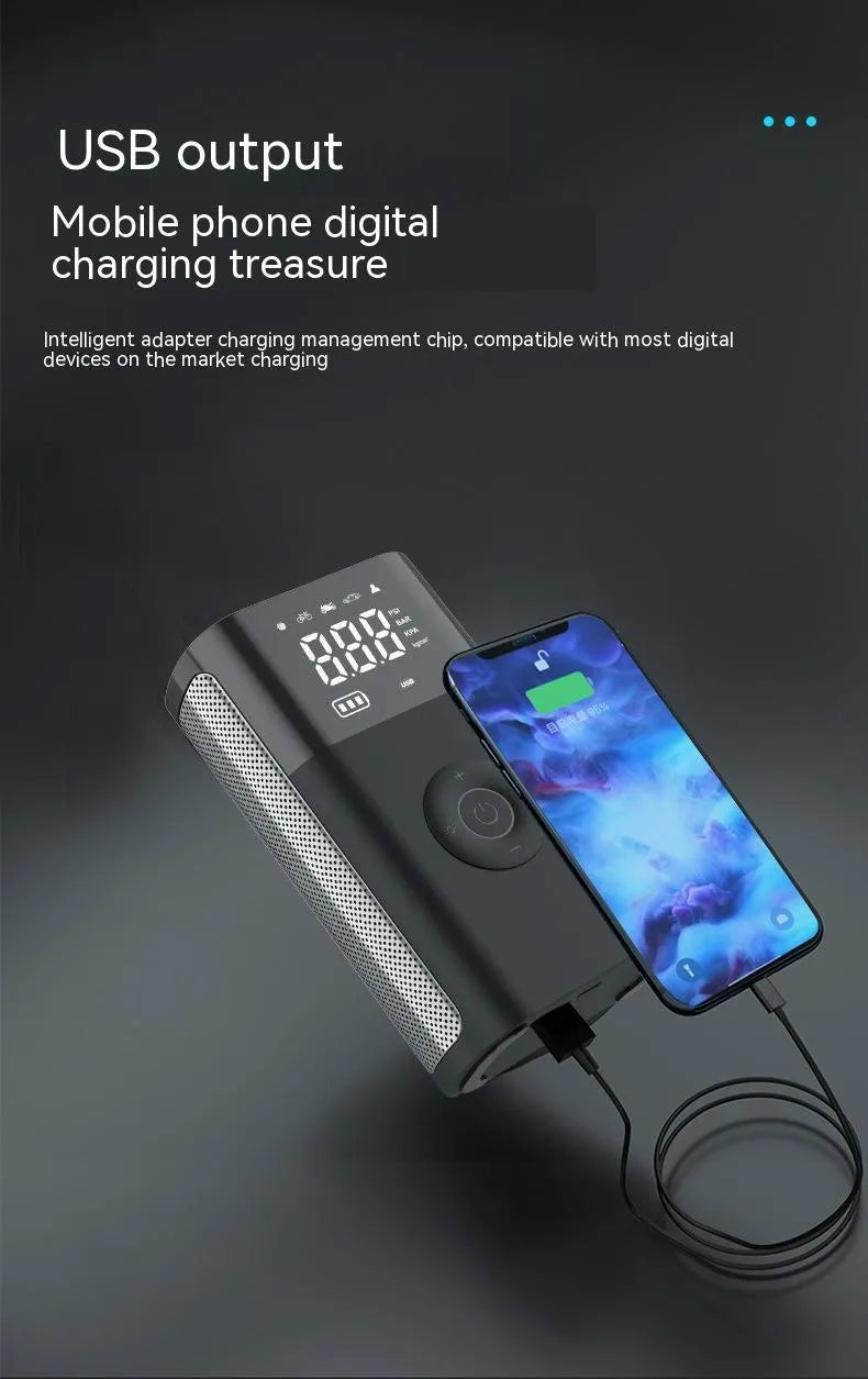 Wireless digital display car tyre pump with accessories including bicycle nozzle and ball needle