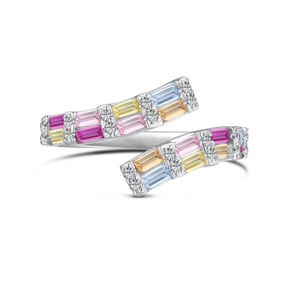 Women's S925 sterling silver adjustable open ring in platinum colour with geometric zirconium inlay