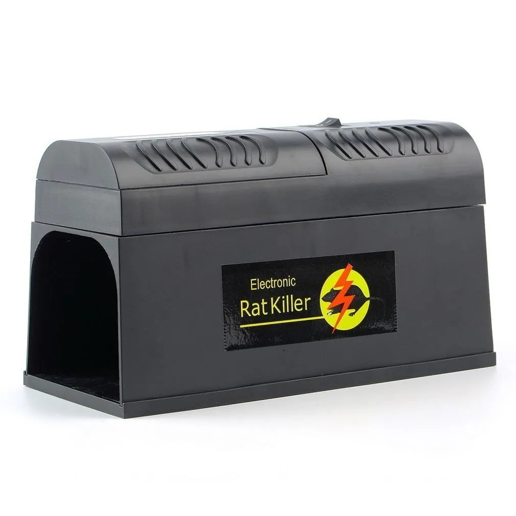 Black high voltage rodent killer device with multiple plug options showing 208mm length