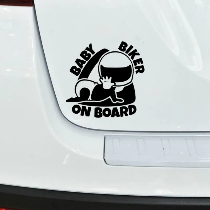 Black and white reflective BABY ON BOARD car sticker measuring 14.5 by 15 centimetres.