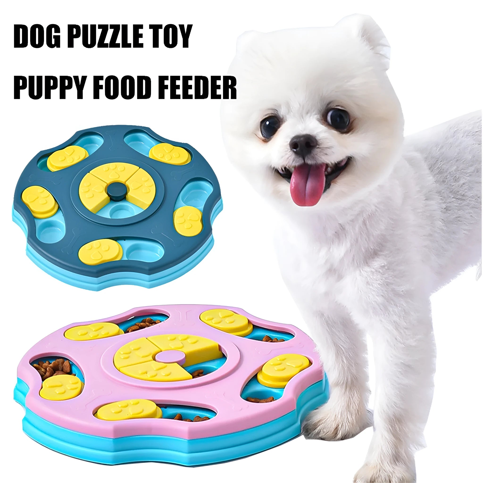 Blue and pink interactive dog puzzle feeder bowl for slowing fast eating and mental stimulation