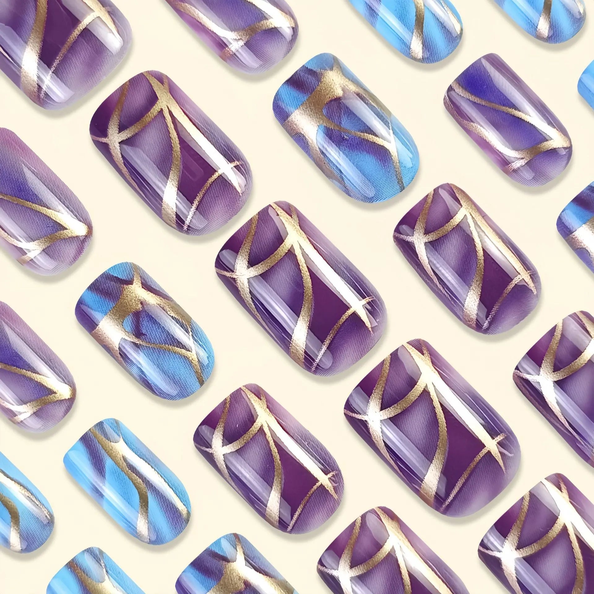 Purple striped mid-length nail stickers for gel nail decoration in European and American style