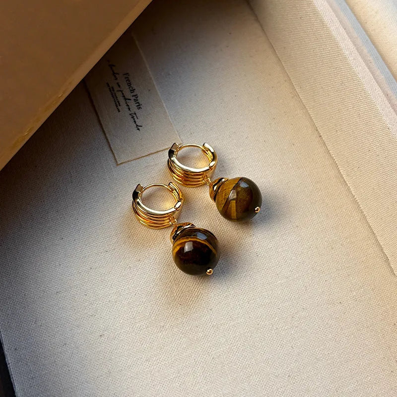 Maillard tigereye geometric earrings for women with real gold plating in brown and black colours