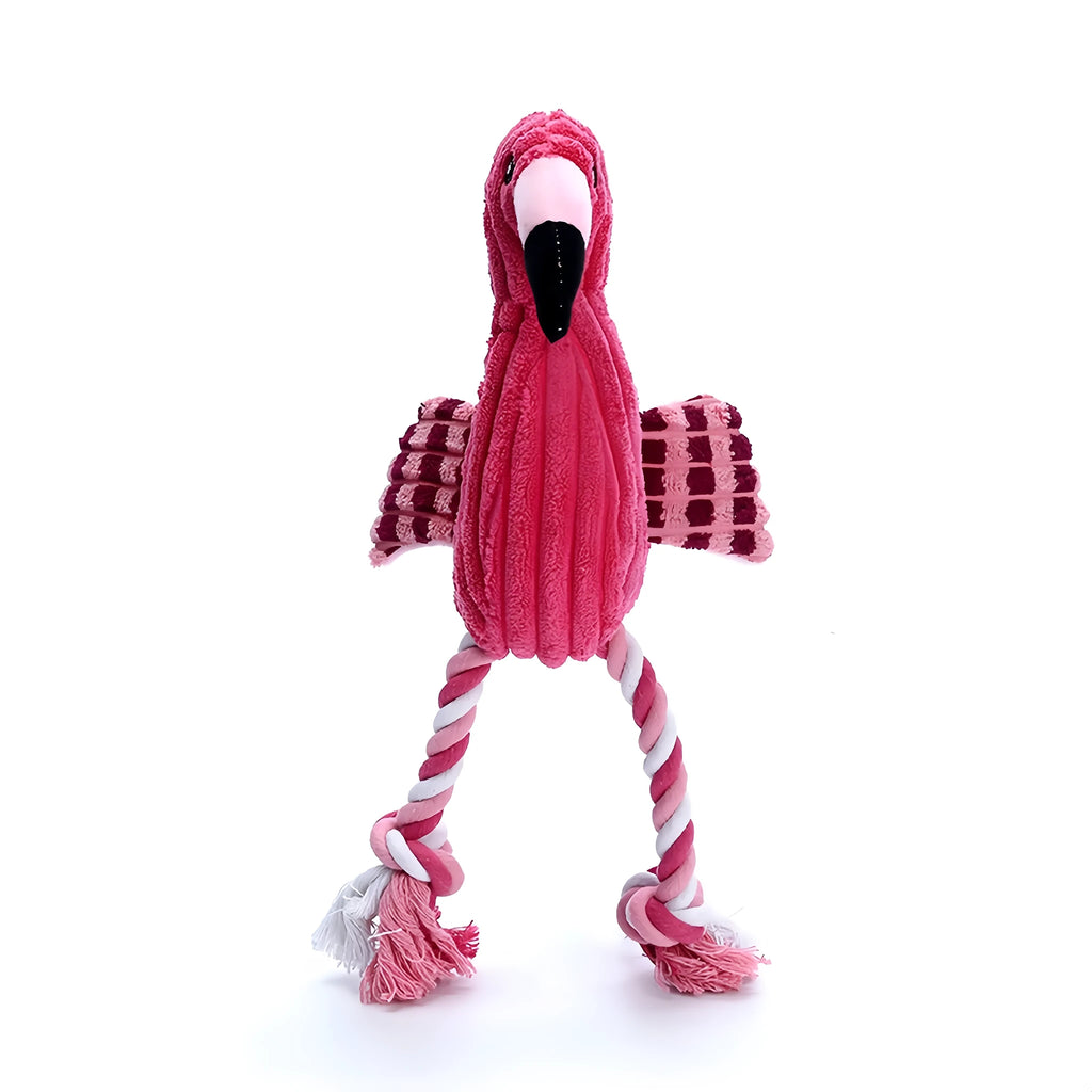 Pink corduroy animal-shaped plush dog toy with a squeaker inside on a neutral background.
