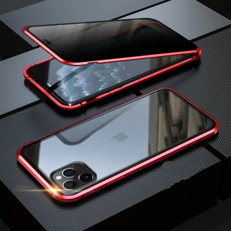Glass anti-spy clamshell phone case for iPhone in a solid colour on a table.