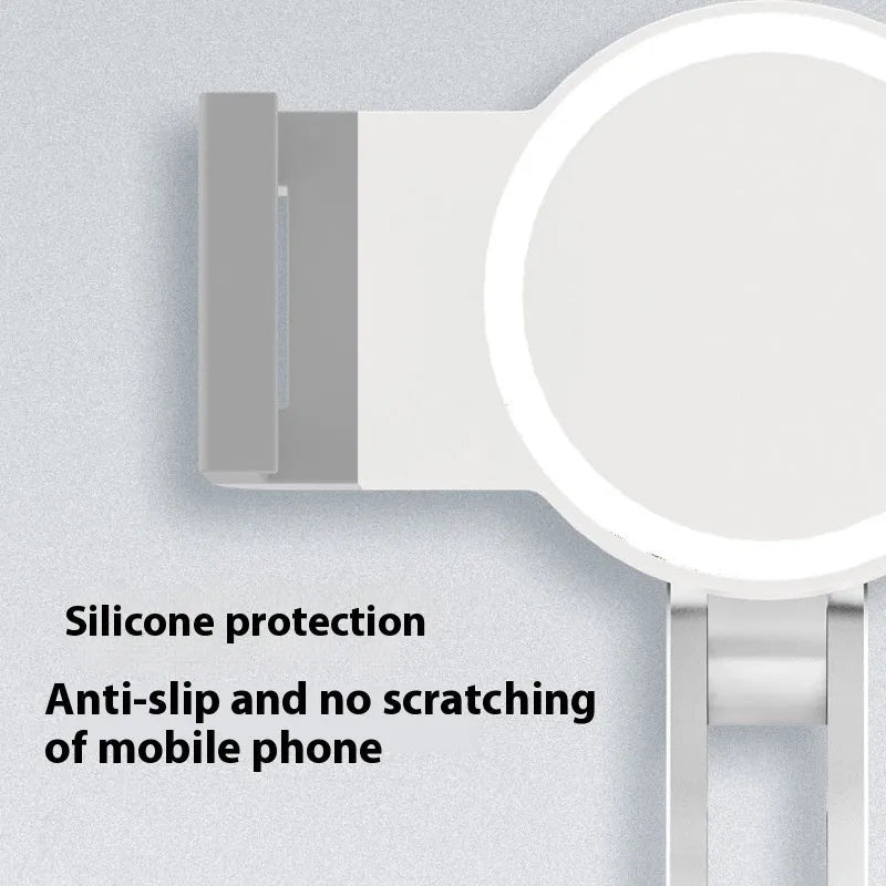 White aluminium alloy folding tablet and phone stand on a desk, folded size 20x13.6x8.3cm