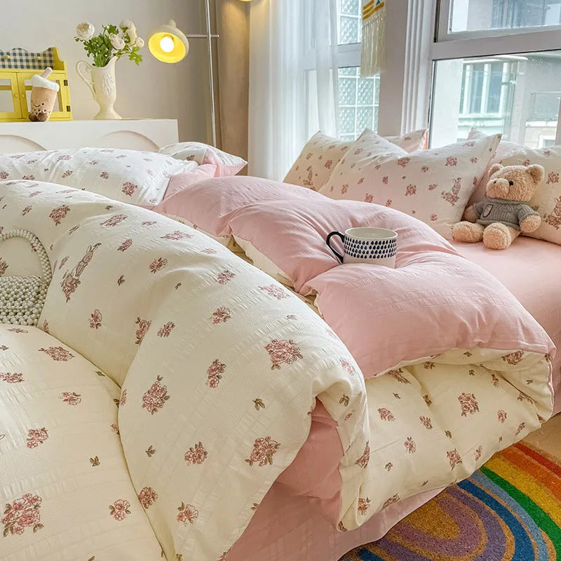Chemical fibre bed sheet set with aerobic jacquard cloud yarn cotton in Butterfly Dance rose colour