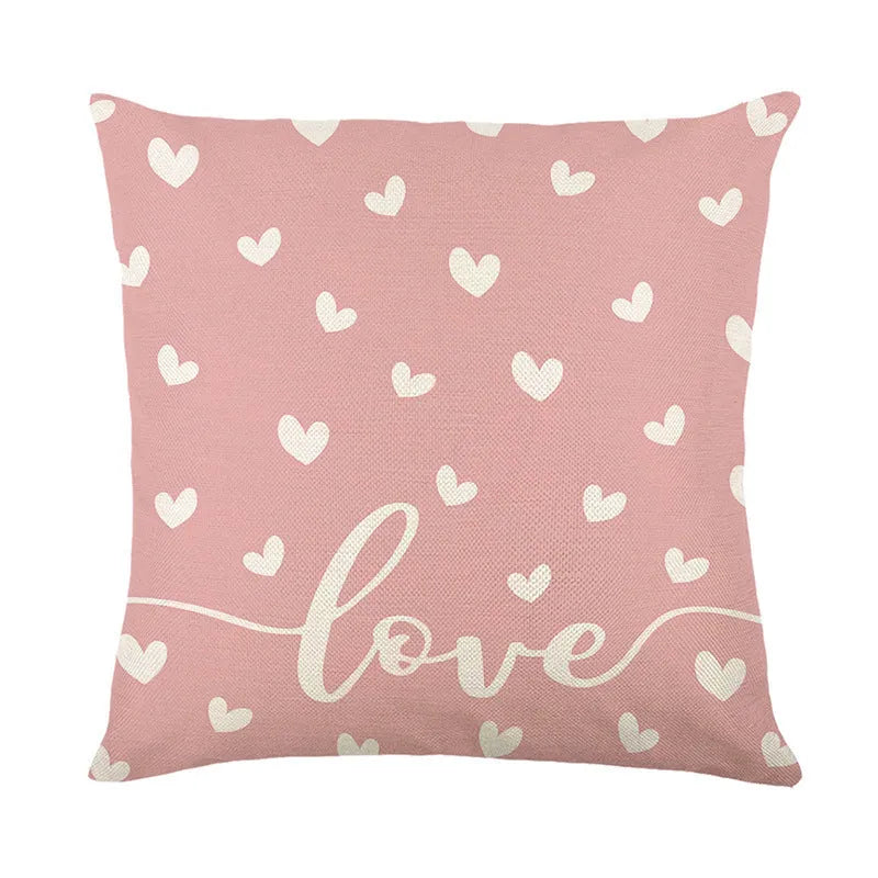 Square plaid and heart pattern decorative pillow cover with visible zip, shown in red and white colourway.