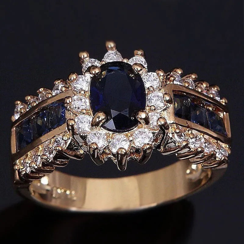 Zinc alloy fashion ring with diamond or zircon stone detailing in sunflower blue, square blue, or square purple designs.