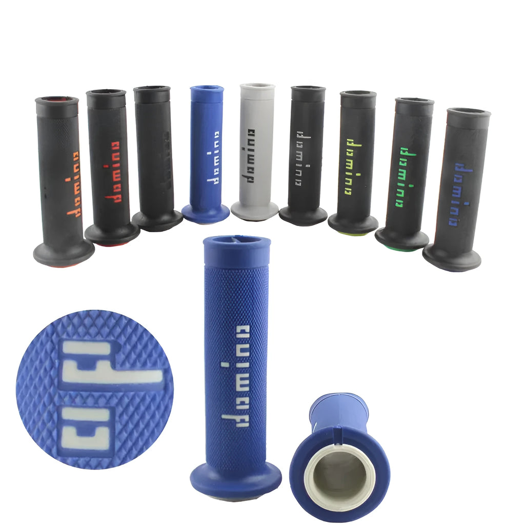 A pair of motorcycle handle gel grips in rubber, showing 22mm and 24mm size options and multiple colour choices.