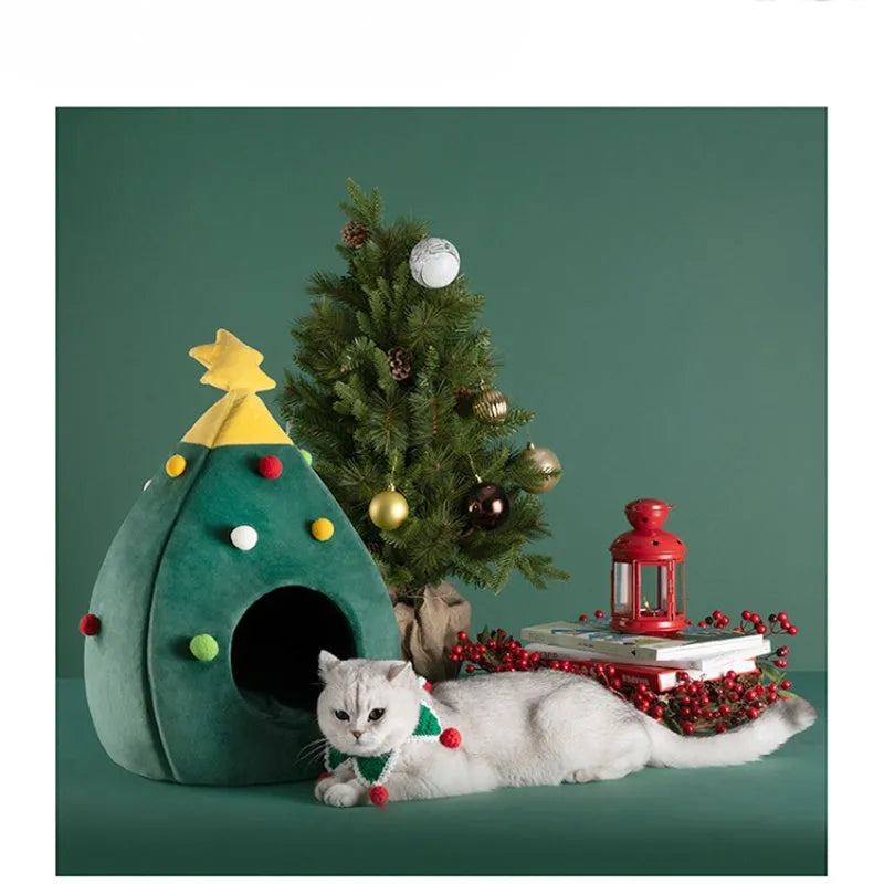 Christmas tree shaped plush teddy cat nest cave bed in warm colours with size dimensions