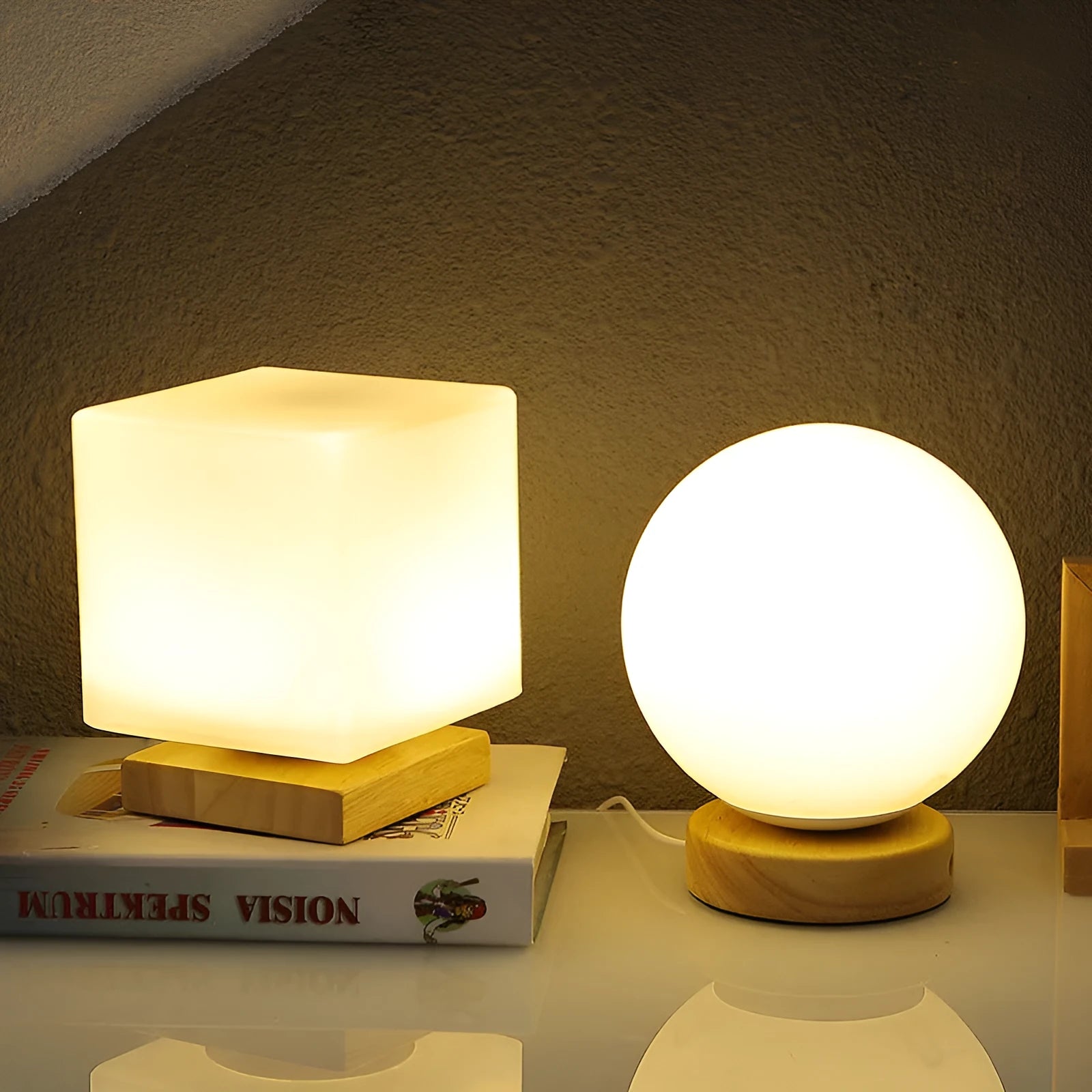 Nordic solid wood base USB table lamp in a choice of cube, column, cylinder, or ball shapes with touch dimming.