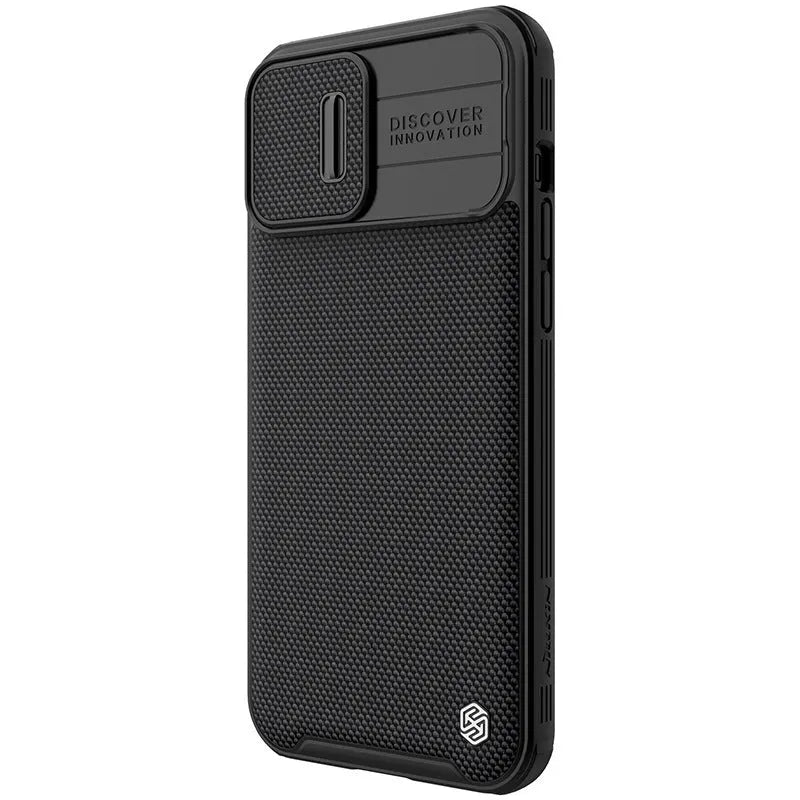 Black textured sliding back cover protective case for iPhone 13 Pro Max, made from PC and TPU.