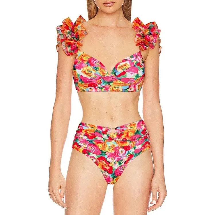 Women's floral print high waist push up bikini swimsuit set with a skirt.