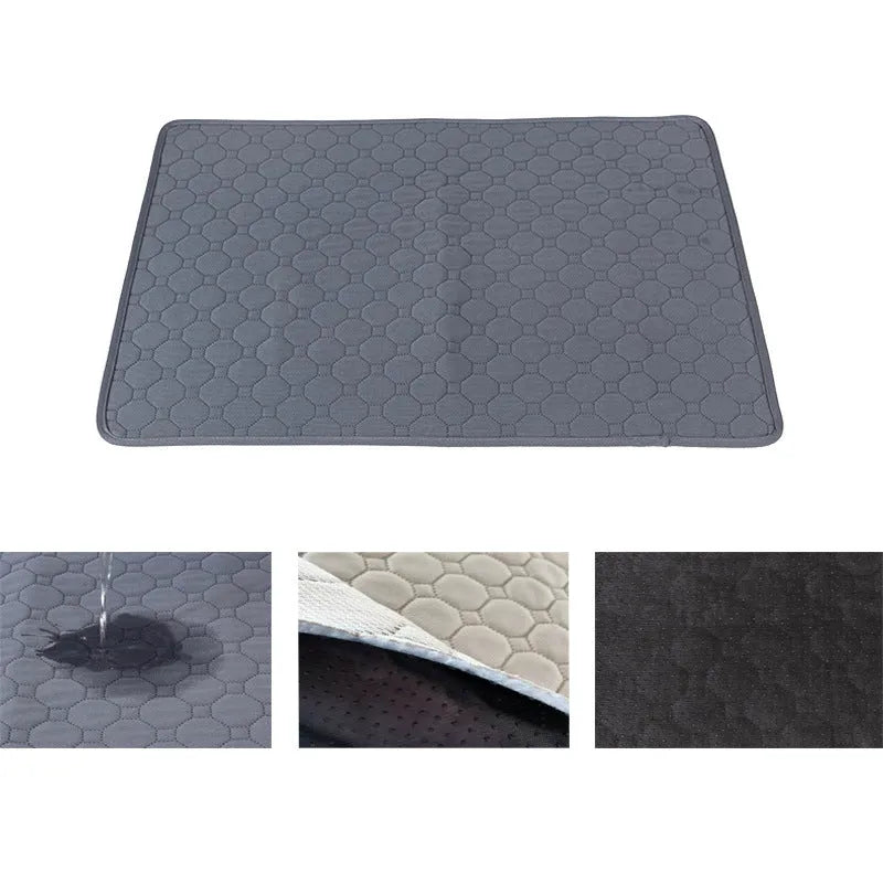 Tan and grey washable dog pee pad on a wooden floor, measuring 18 by 24 inches.