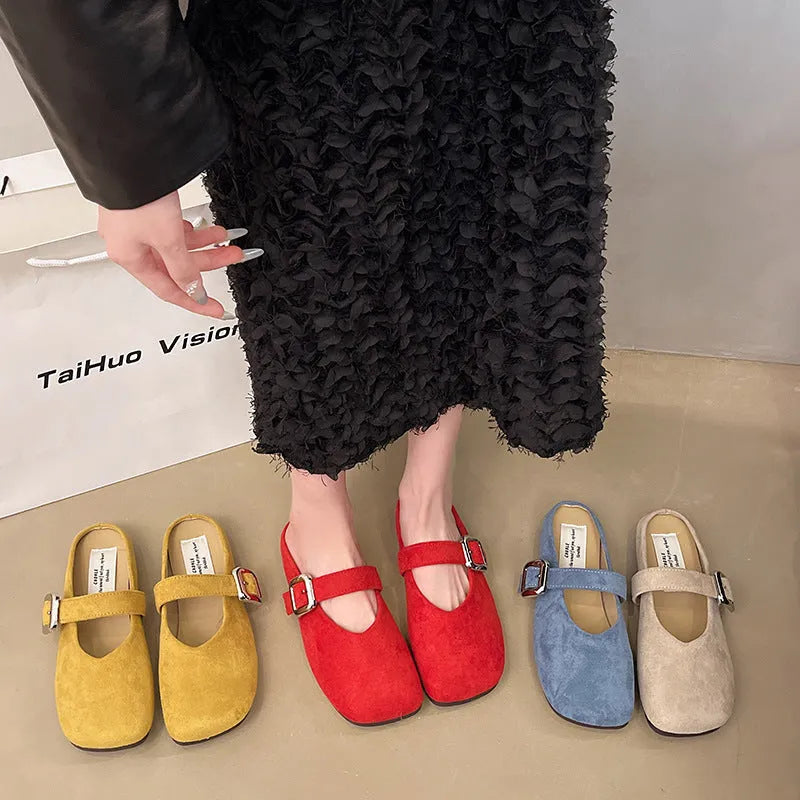 Women's flat closed-toe slippers with square toe in blue, showing PU upper and rubber sole.