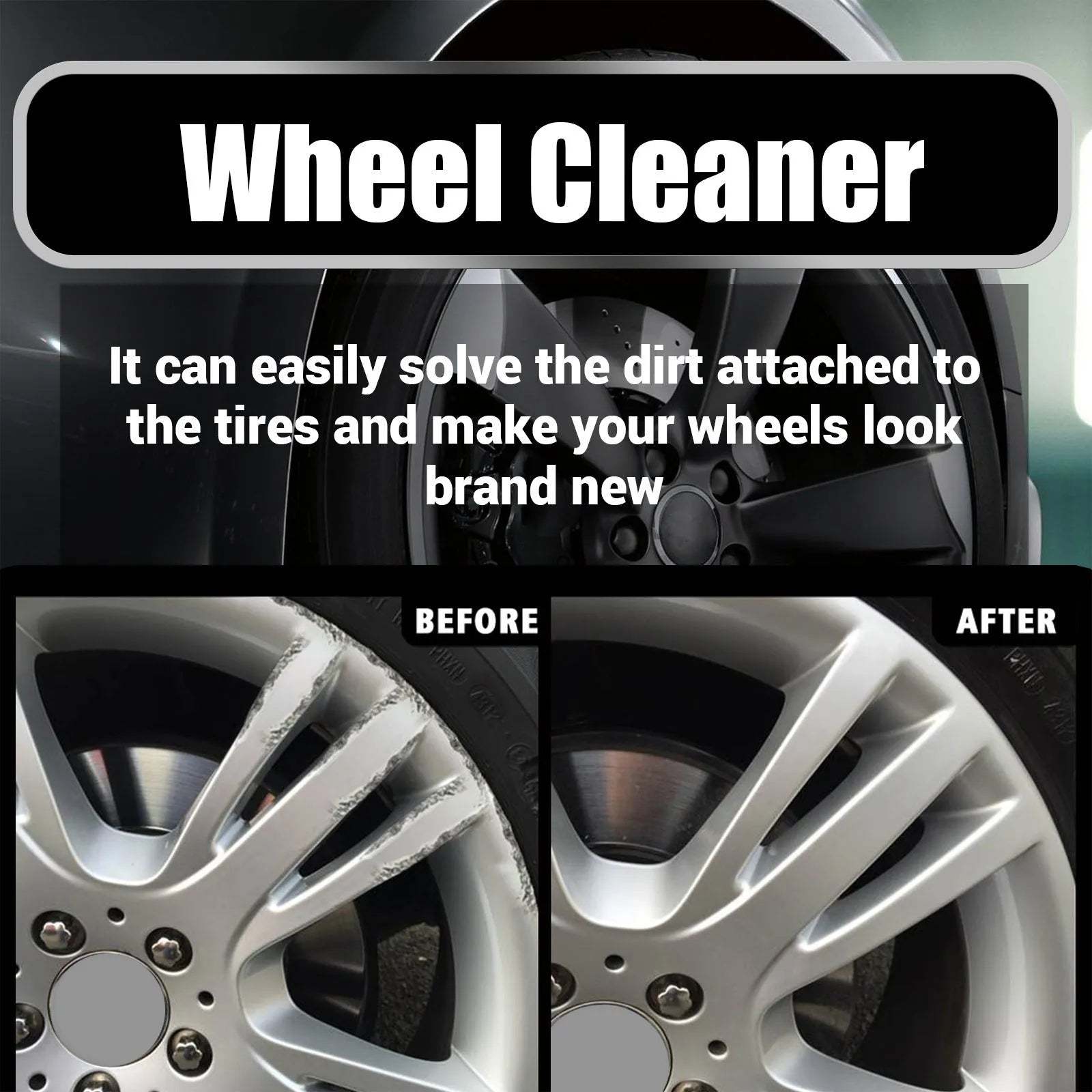 Car tire cleaner in a 4.5x18.7cm PE bottle with a 20x20cm towel for wheel hub cleaning
