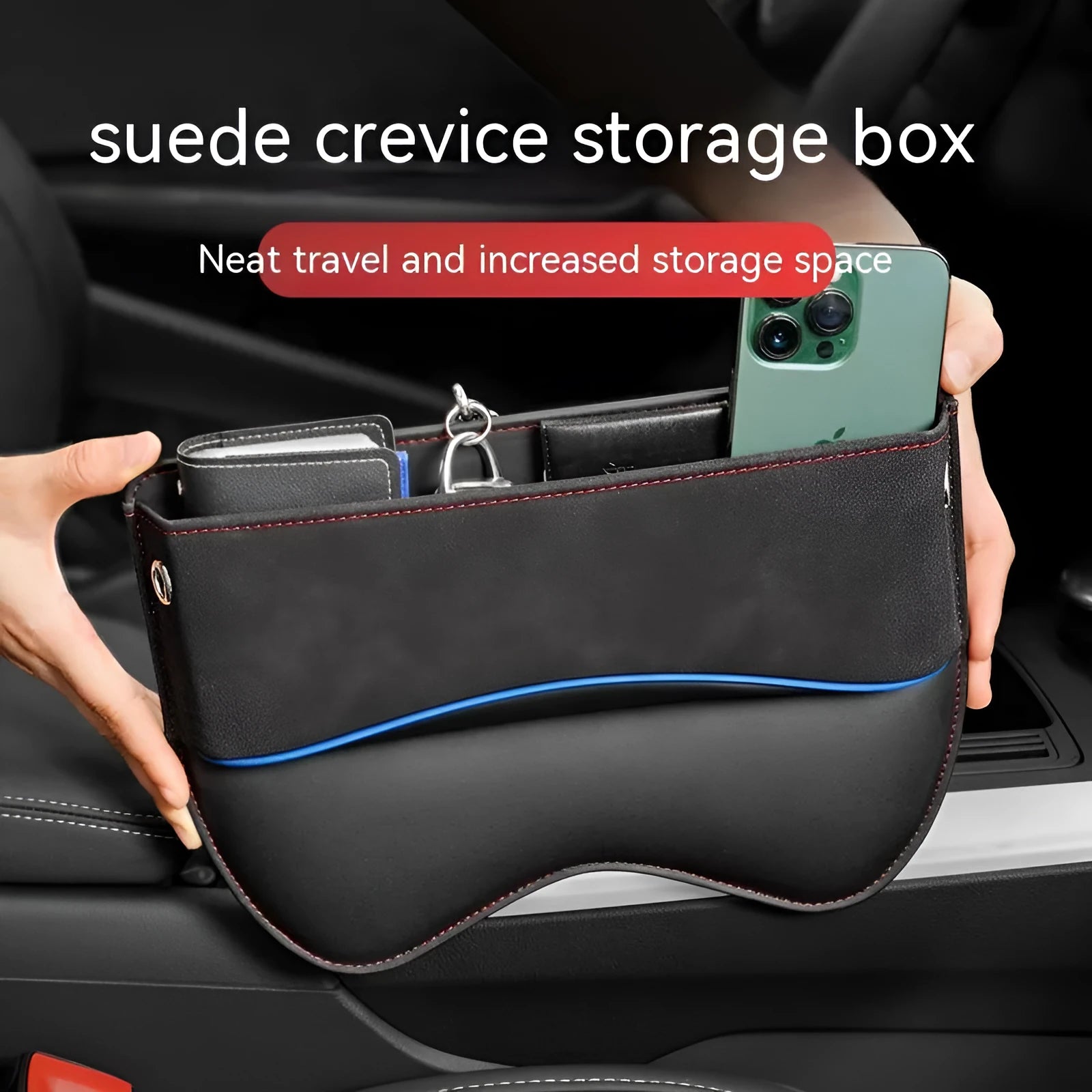 Leather car seat storage box in a choice of five suede-matching colours.