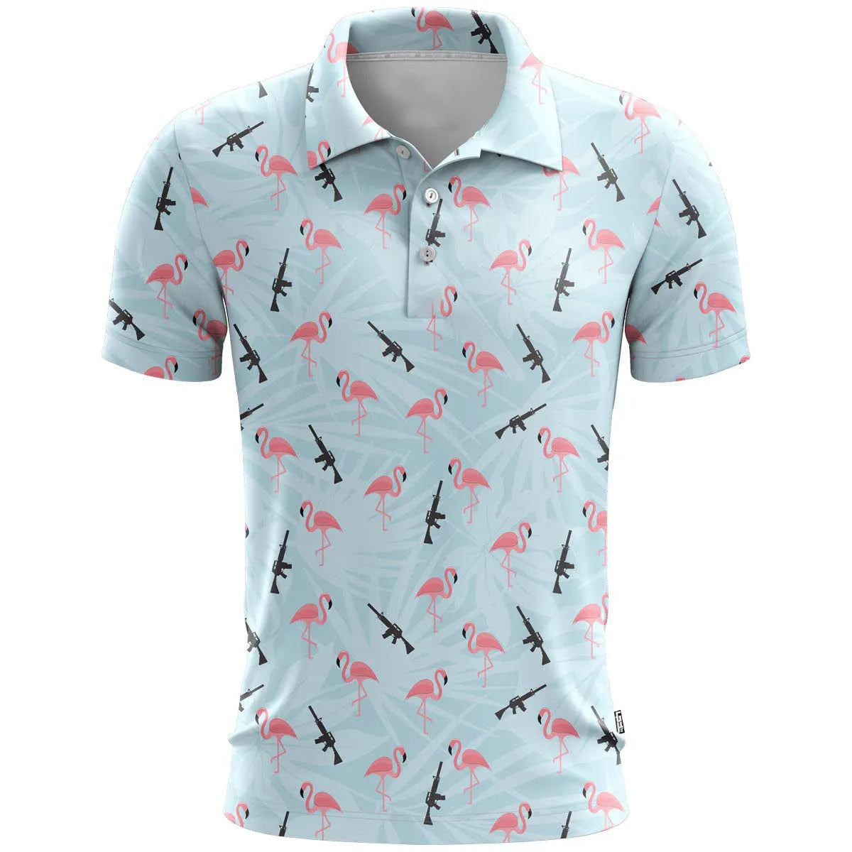 Man's loose-fit 3D printed short sleeve T-shirt in bird eye cloth polyester, showing colour and pattern detail.