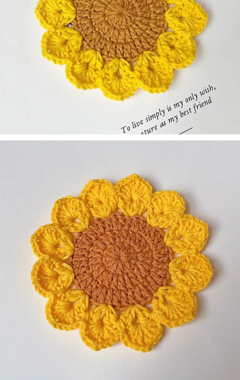 Hand-woven wool coaster set for drinkware on a tabletop.
