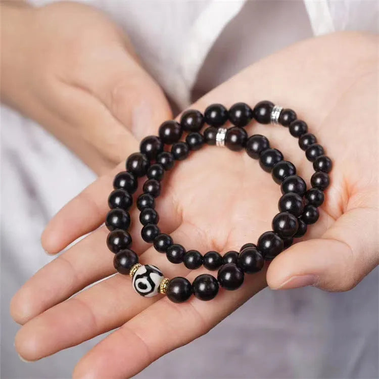Ebony wood bracelet with 8mm beads in two-circle pattern, retro Tibetan design