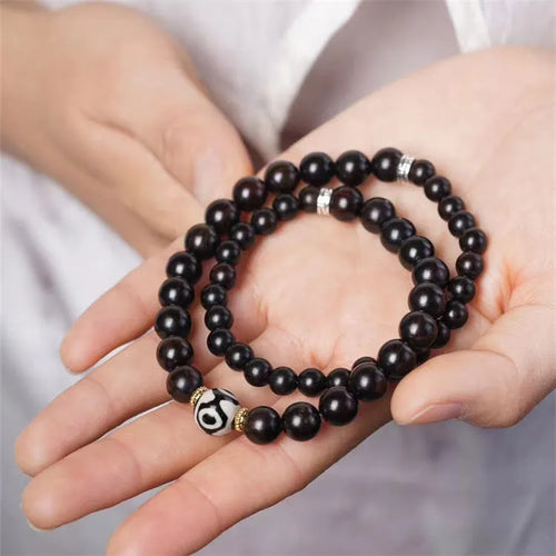 Ebony wood bracelet with 8mm beads in two-circle pattern, retro Tibetan design