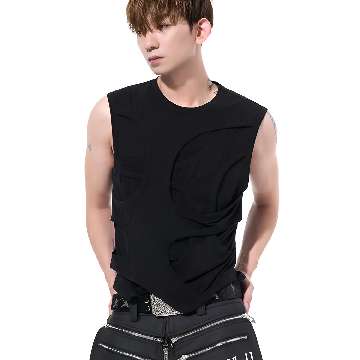Men's solid grey lyocell vest with round neck collar on a hanger.