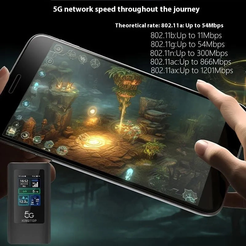 Black portable 5G Wi-Fi router with LCD screen, showing compact size next to a charging cable.