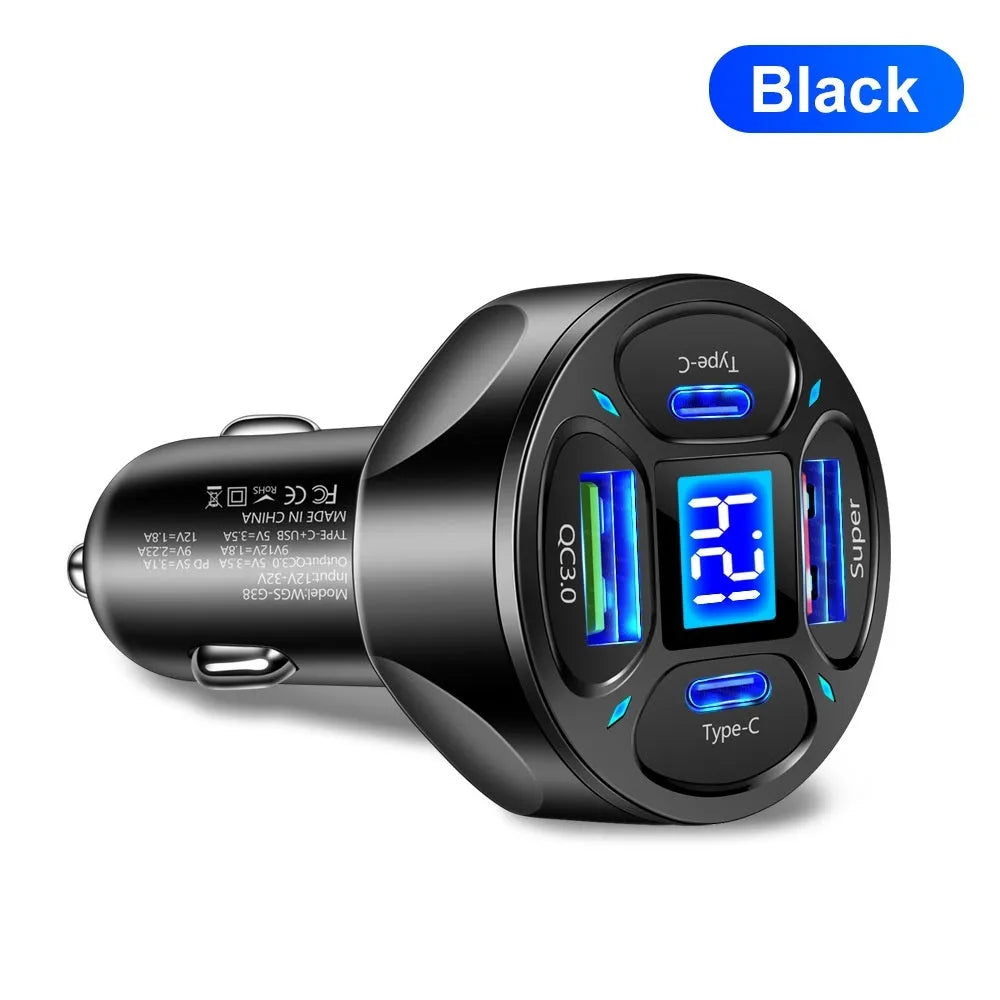66W dual USB and dual Type-C car charger with digital display showing voltage reading