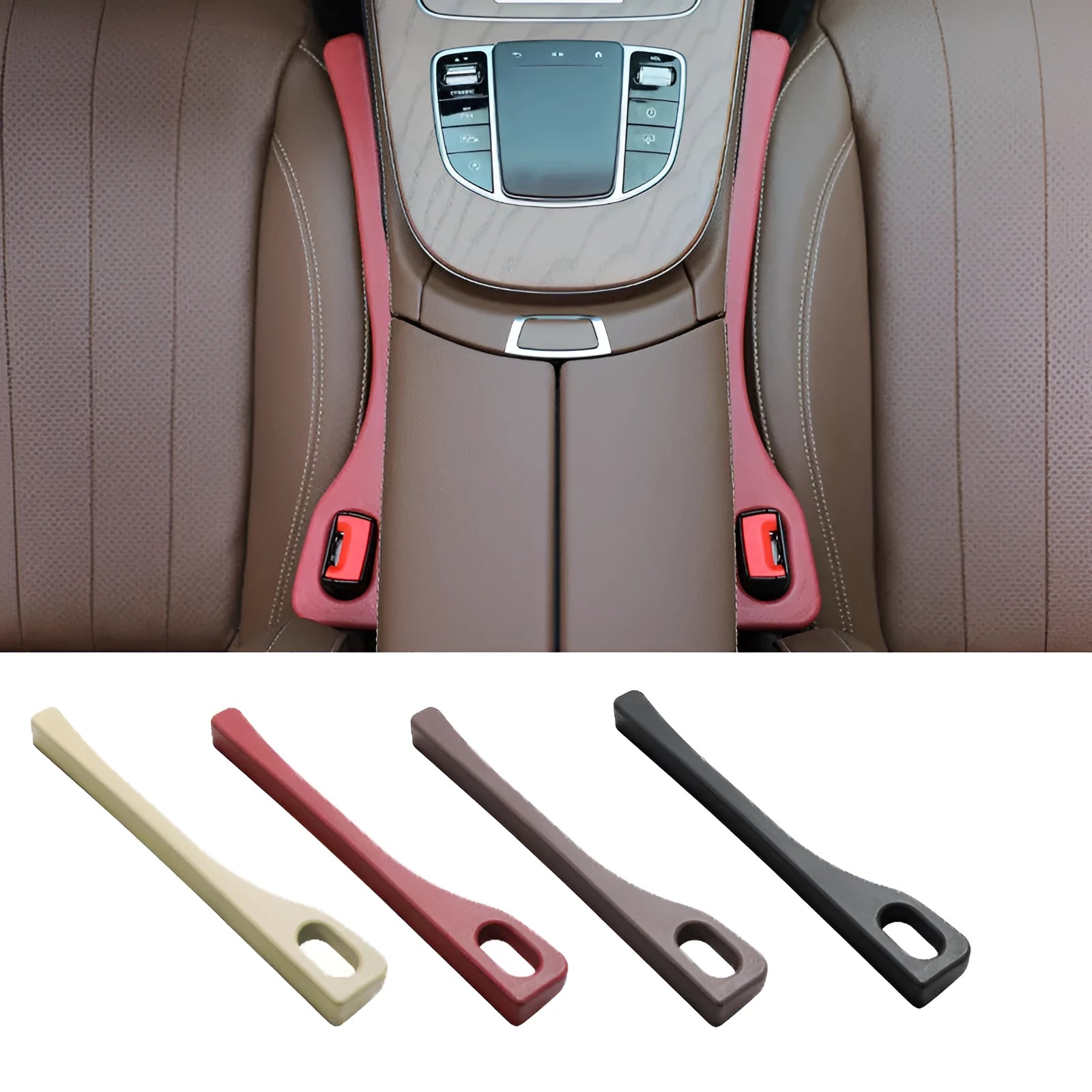 Polyurethane car seat gap strips in black brown red beige colours preventing items falling between seats