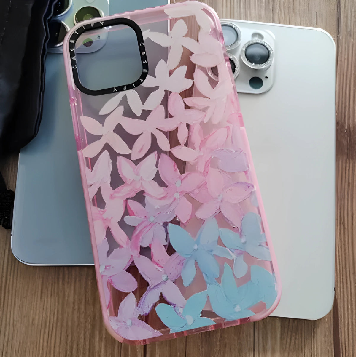 Transparent pink and blue petal TPU phone case for iPhone 12 to iPhone 14 Pro Max, fall prevention protective shell