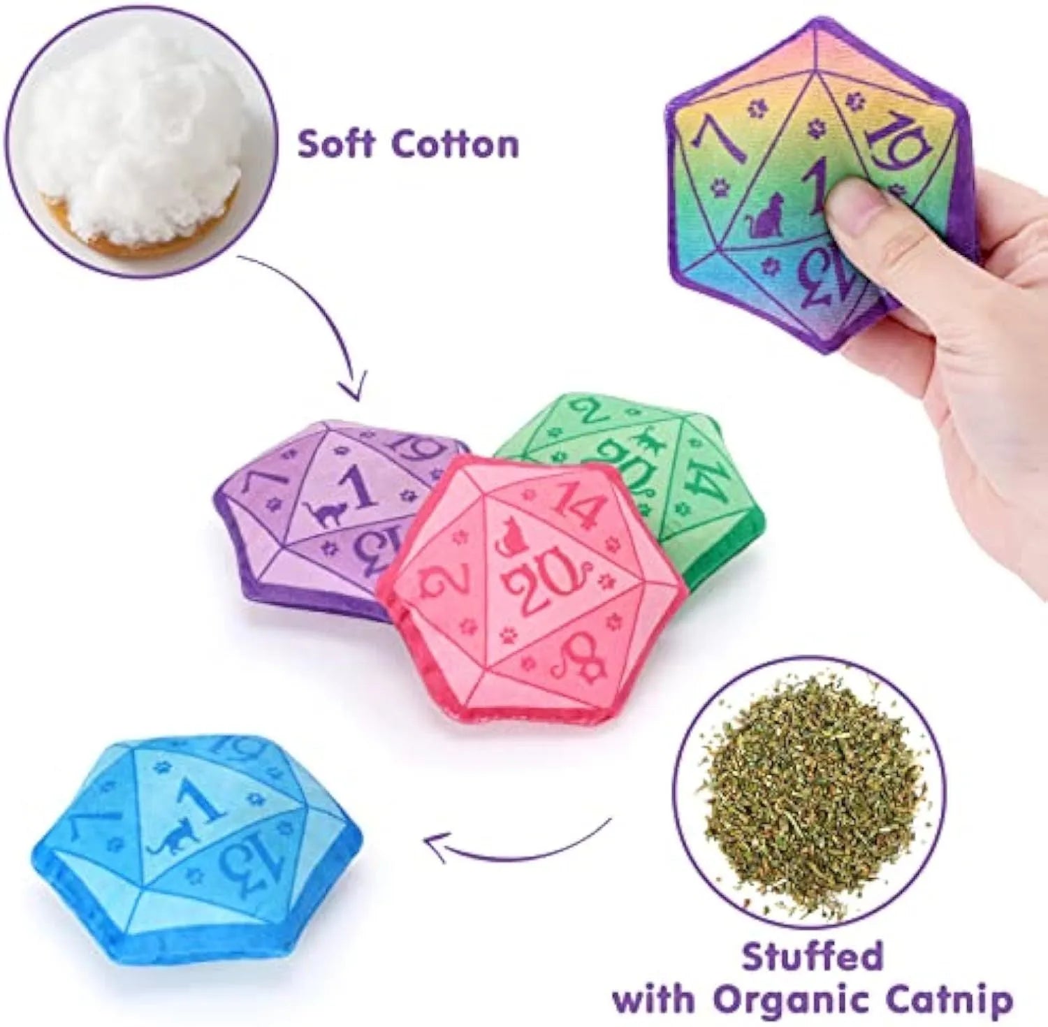 Dice-shaped soft plush catnip toy in assorted colours for interactive play and teething kittens.